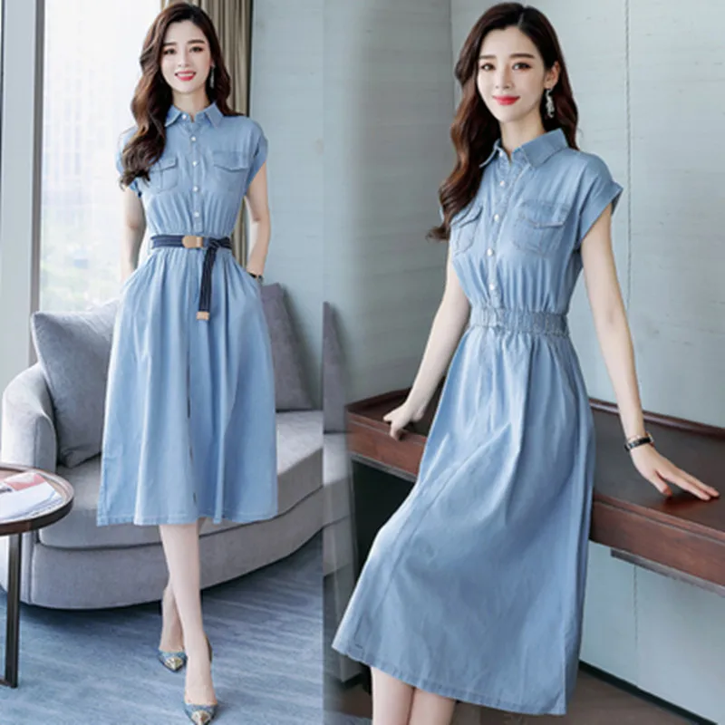 

New Summer Style Women Dresses Plus Size Casual Turn-Down Collar Collect Waist Slim Long Jeans Dress For Women Denim One-Piece