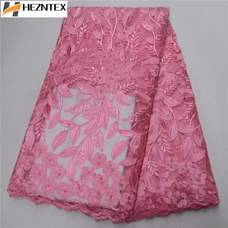 

Pink African Tulle Lace Fabrics High Quality France Cord Lace Embroidery Lace Fabric With Beads For Nigerian Wedding PSA386-1