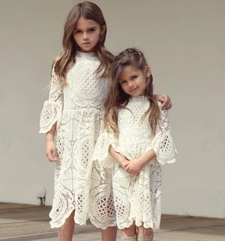 

PaMaBa Elegant Baby Girls Lace Summer Party Dress 3/4 Flare Sleeve White Christening Robe Flower Girls Dress-up Kids Clothing