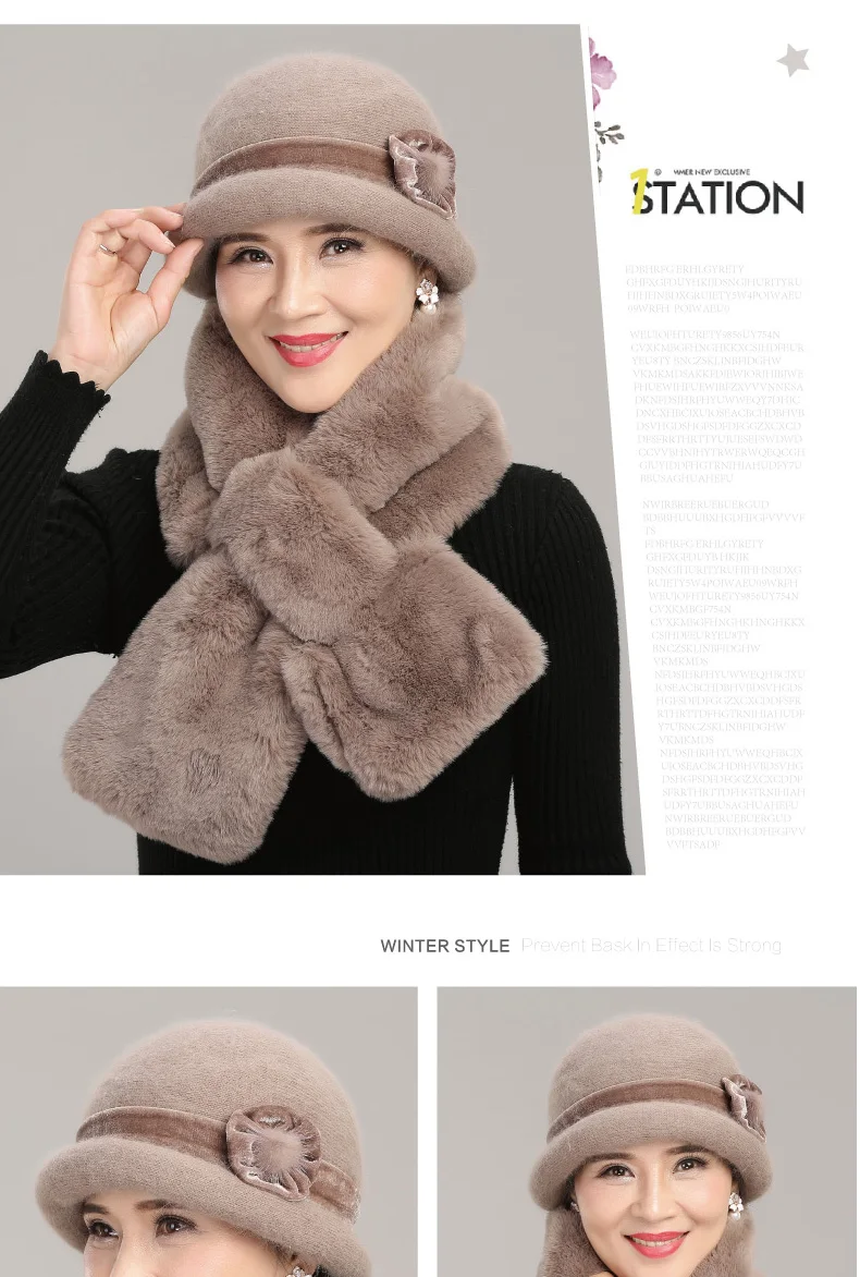 Women Winter Knitted Wool Basin Hat Female Thickened Warm Fisherman Cap Lady Velvet Elegant Scarf for Middle-aged Mother H7158