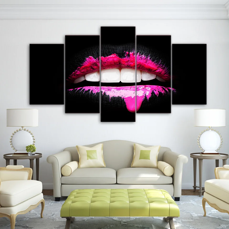 

Modular Wall Art Pictures Home Decor For Living Room HD Printed Poster Frame 5 Panel Pink Lips Girl Canvas Oil Painting PENGDA
