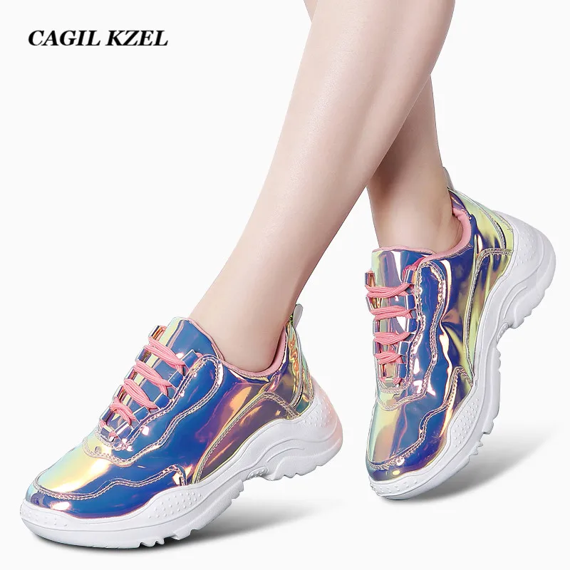 

CAGILKZEL 2019 Spring women shoes Shiny Bling Lace-up Sneakers Women Flats Shoes Chaussure Femme Trainers Shoes Chunky Sneakers