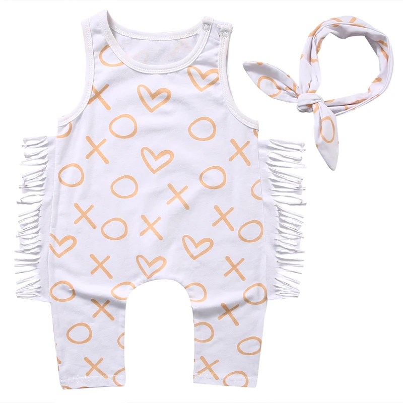 

US STOCK Love Heart Tassels Bodysuit+Headdress 2PCS Newborn Baby Girls Kids Bodysuit Clothes Jumpsuit Cotton Sunsuit Outfits
