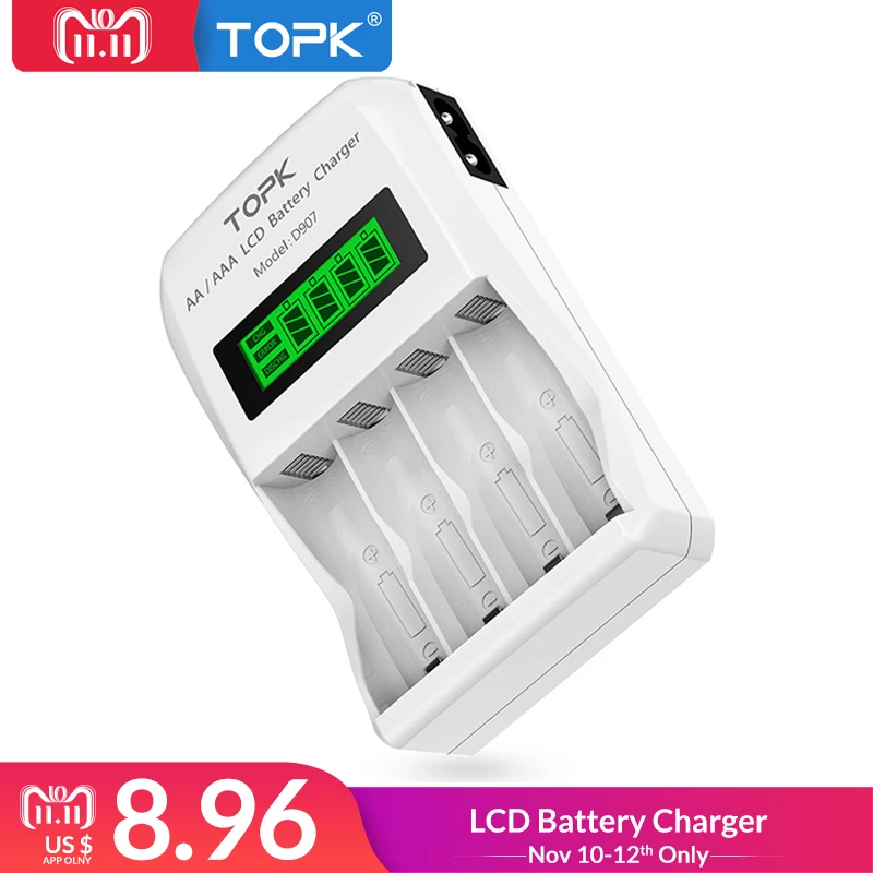 

TOPK Battery Charger 4 Slots LCD Display Intelligent 1.2V/1.2A(Max) Output AA / AAA NiMH NiCD Rechargeable Batteries Charger