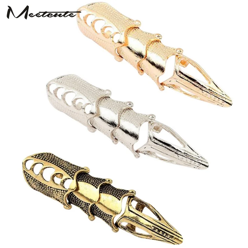 

Meetcute New Design Long Finger Rings Cool Metal Knight Armour Ring for Male 3 Color Available Gothic Jewelry