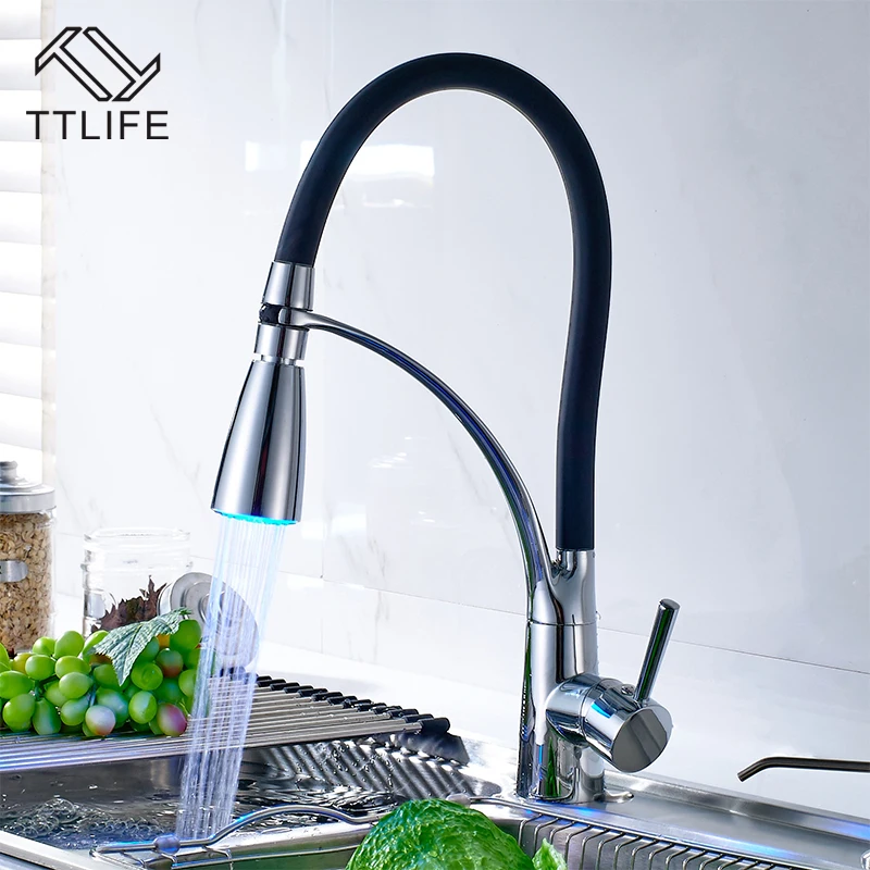 

NEW Deck Mount Pull Out Kitchen Faucet LED Light Water Temperature Sensor Hot Cold Sink Mixer Tap Single Handle Faucet