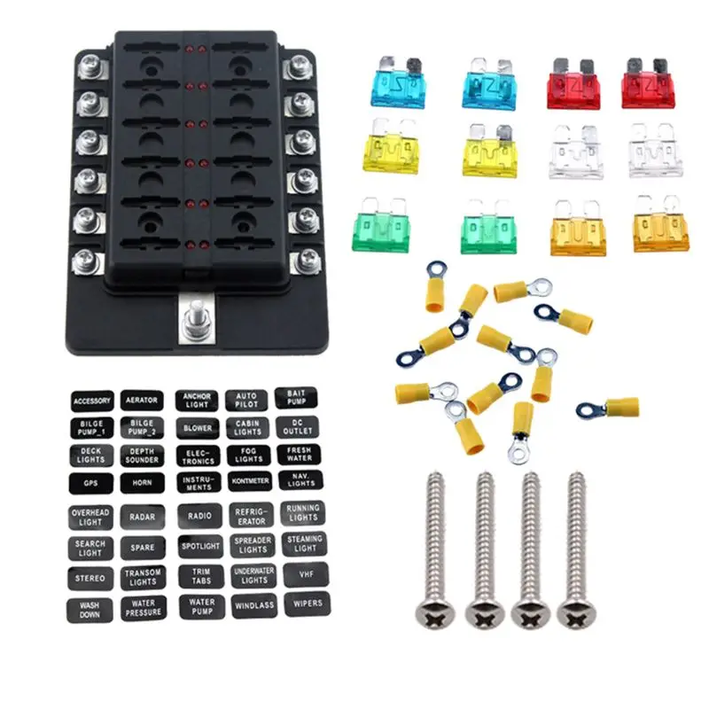 

10 Way Blade Fuse Box Holder Fuse Blocks Red LED Indicator 10Pcs Fuses 10Pcs Terminals for Car Boat Marine Caravan Truck 12V 24V