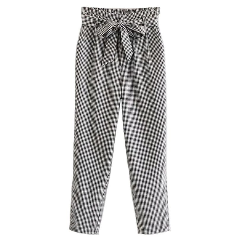 

2019 Women Houndstooth Suit Pencil Pants Belt High Waist Paper Bag Pants Loose Trousers Pantalon Femmes