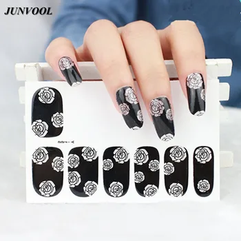 

5pcs/lot Glitter Nails Art Sticker Black Rose Flower Pattern Design Adhesive Nail Wraps Decals Full Cover Nail Stickers