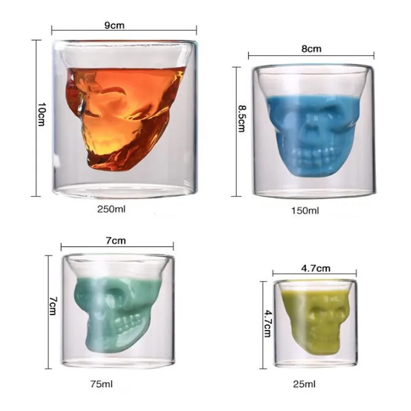 4 размера, два способа, прозрачная стеклянная чашка с черепом для виски, вина, водки, бара, пива, вина