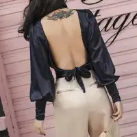 2018 Spring Vintage Very Sexy Backless Satin Blouse Stylish Turtleneck Low Cut Multi Way Wearing Slim Type Shirt Women