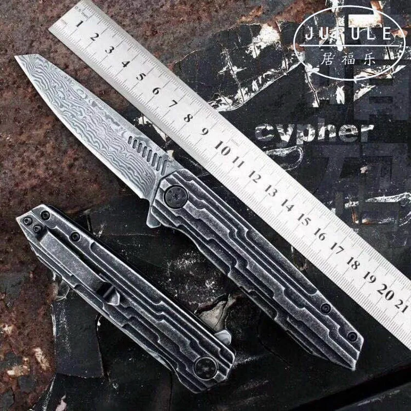 

JUFULE Made Cypher Real VG-10 Damascus ball bearing flipper Steel handle folding camping hunting utility EDC tool kitchen knife
