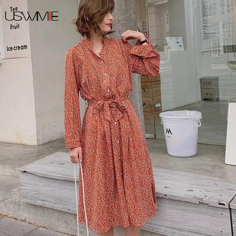 

2019 Summer Bandage Dress Restoration French Sweet V-neck Long Sleeve Dress Women Long Section Big Pendulum Comfort Vestidos