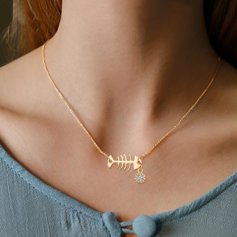 

Women Men Fish Bone Necklaces & Pendants gold Color Ball metal Chain with white crystal Statement Necklace Steampunk Jewelry