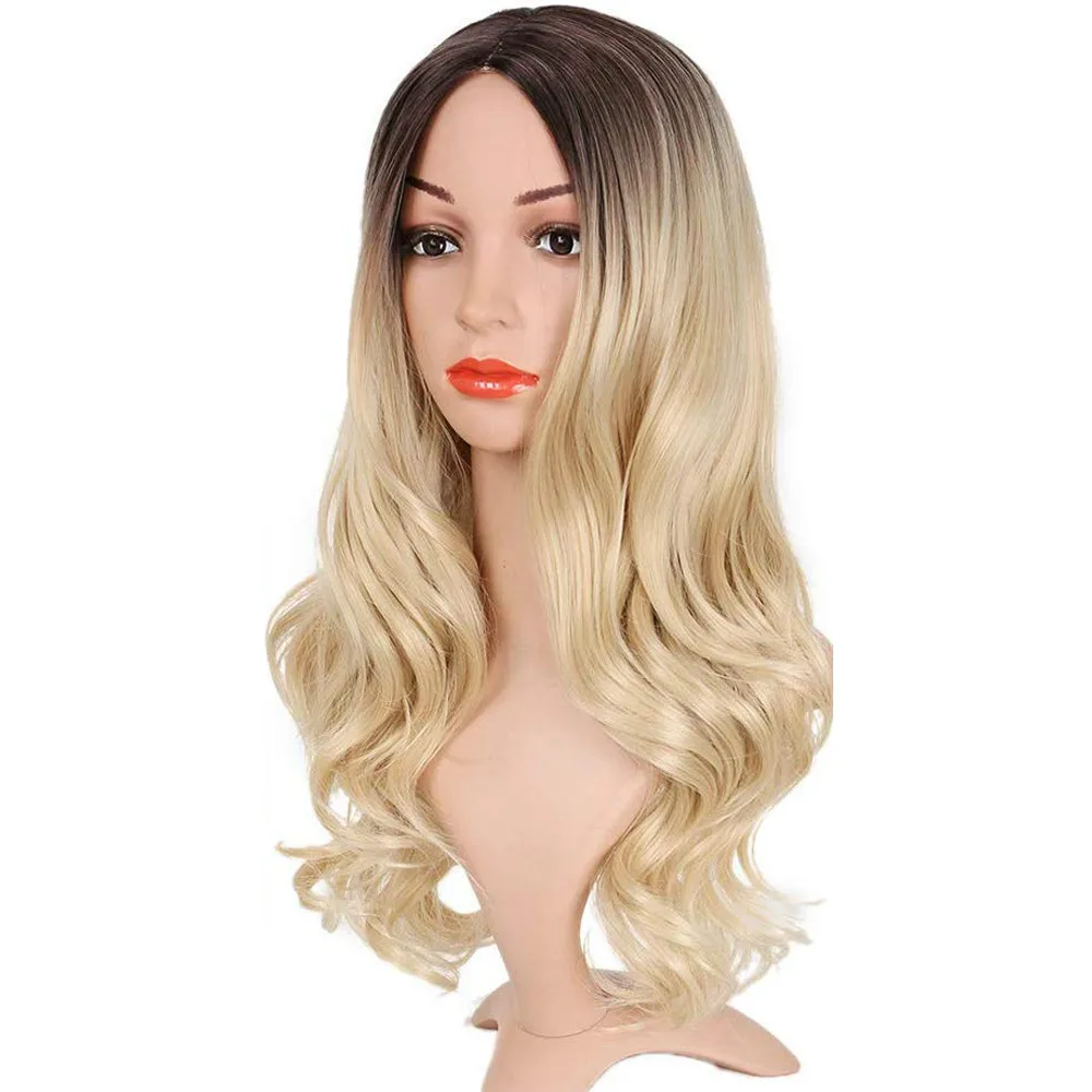 AOSI Long Wavy 24" Synthetic Hair Middle Part Ombre Brown Blonde Heat Resistant Cosplay Wig For Women