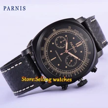 44 мм Parnis черный циферблат с PVD покрытием Хронограф Мужские кварцевые наручные часы