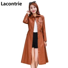 Lacontrie новая весенняя женская кожаная куртка пальто средний длинный тонкий ветровка однобортный Карманы PU куртка Верхняя одежда T179
