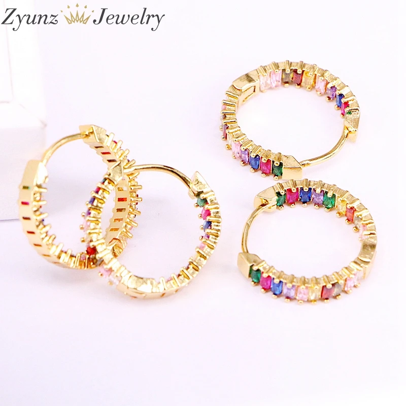 

5 Pairs, 25mm, Gold color round circle geometric stud earrings Baguette rainbow colorful cz paved fashion trendy jewelry