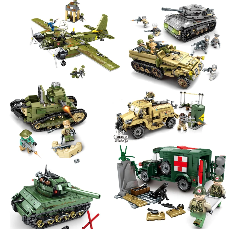 

LegoING Military WW2 Army Truck Armored Vehicle Bombing Plane Tank Helicopter Building Block Set Car Weapon Soldier Bricks Toys