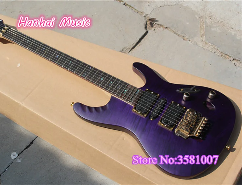 

6-String Electric Guitar,Dark Purple Color,24 Frets with Abalone Inlay,Flame Maple Veneer,Gold Hardware with Floyd Rose