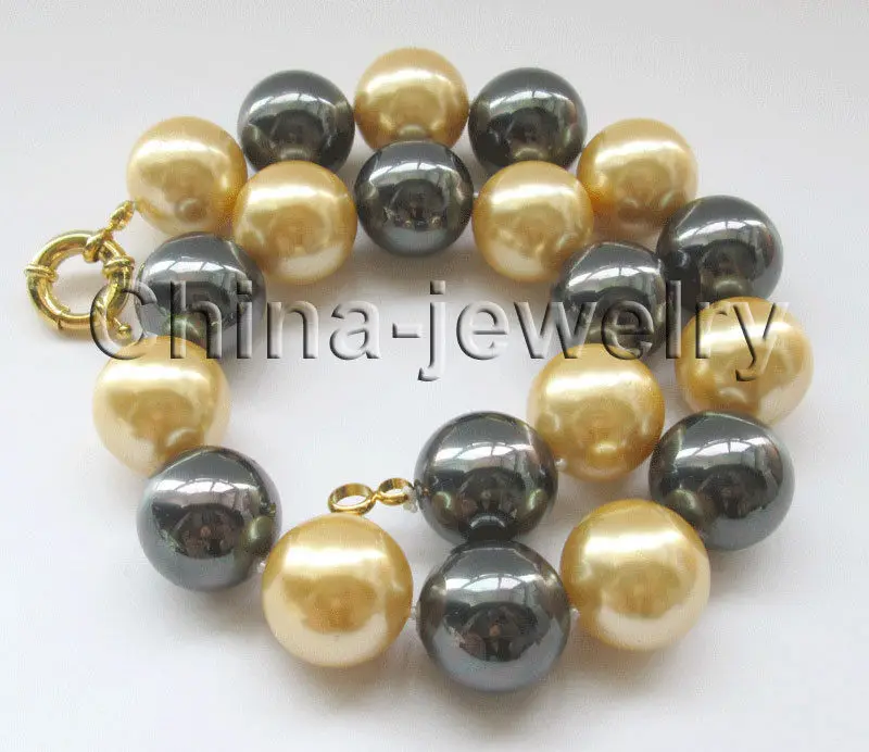 

FREE SHIPPING HOT sell new Style >>>>18" 20mm perfect round black and golden south sea shell pearl necklace