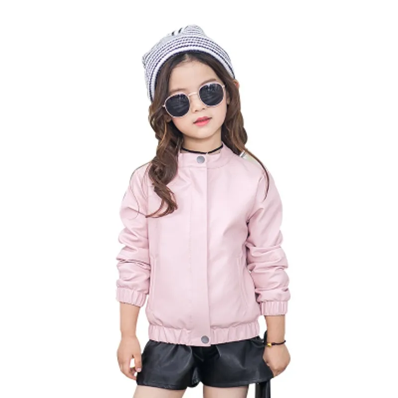 New Kids Jacket Girl Leather Coats O neck Full Sleeve Pink Black color