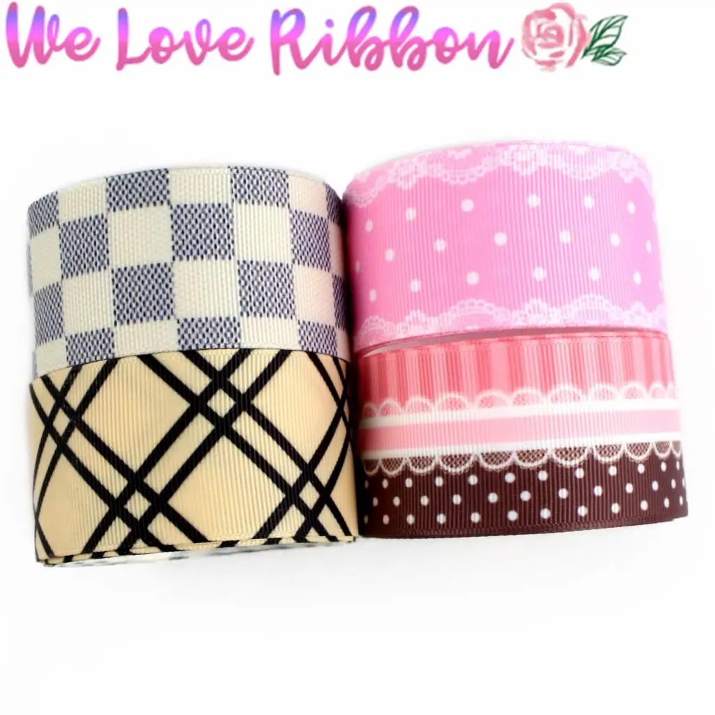 

16mm-75mm Geometric Series Pink Dots Laces Check Printed Grosgrain/Foe Ribbon DIY Gift Packing Hair Bowknots Making 50yards/roll