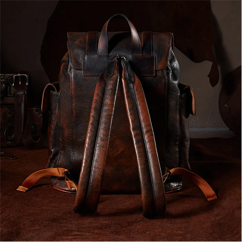 Luxurious Dark Brown Men's Cow Leather Backpack in Simple Military Style image 4