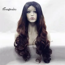 Strongbeauty Long Curly Blak Brown Wig Synthetic Ombre Black to Auburn Lace Front Two Tone Wig