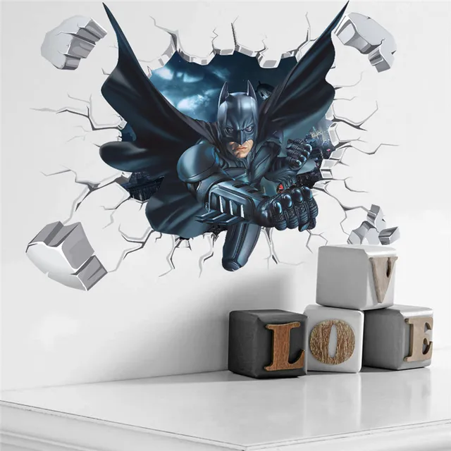 Cartoon Boy's Hero Batman Spiderman Wall Sticker For Kids Rooms Home Decor Wall Art 3D Effect Broken Wall Decal Gift Poster
