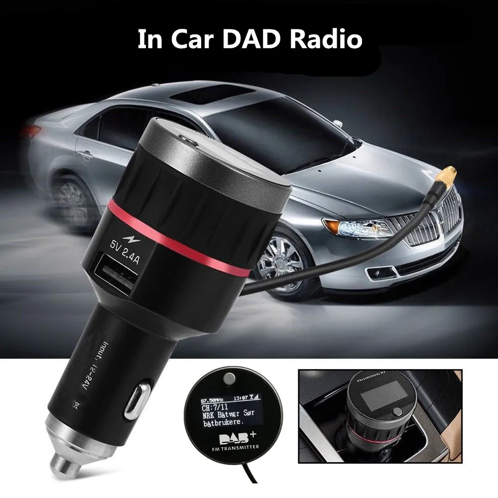 

12V~24V Car DAB Radio Receiver Antenna adapter FM Transmitter 5V 1A USB Car charger DAB Tuner 1.1''OLED display Plug-and-Play