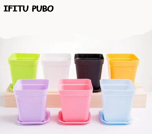 New 10pcs/pack FlowerPot Square Plastic Planter Nursery Garden Desk Home Decor Candy Color 7 Random Colors free shipping GYH