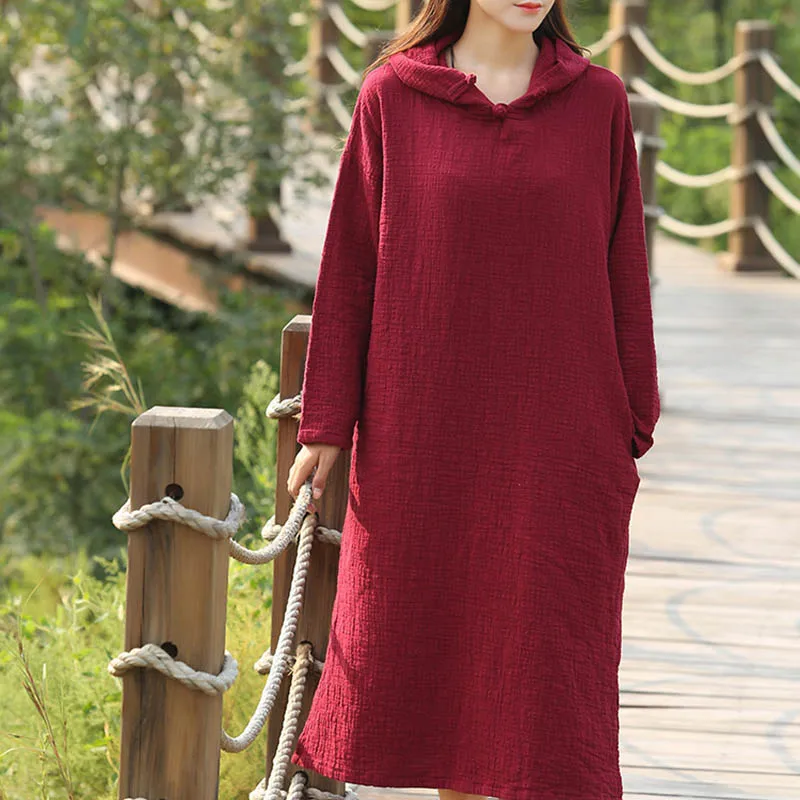 Spring autumn women cotton linen loose hooded pullover gown dress female vintage buckle long