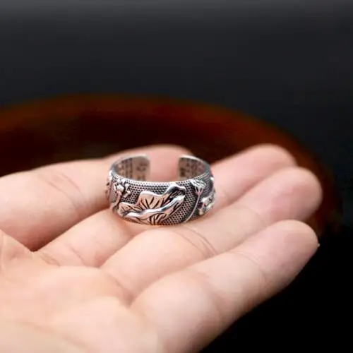

Handmade 999 Silver Lotus Flower Ring Buddhist Lotus Flower Ring Adjustable Ring Buddhist Words inside