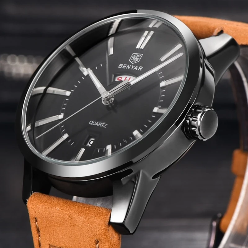 Reloj Hombre BENYAR Men Genuine Leather quartz-watch fashion Mens Business Watches Top Brand Luxury Male Clock Relogio Masculino men watch luxury fashion faux leather mens blue ray glass quartz analog watches handsome relogio masculino feloj hombre m1