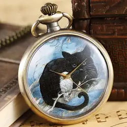 Ретро Бронзовый милый кот дизайн кварцевые карманные часы Сеть кулон Винтаж брелок с часами Цепочки и ожерелья для мальчиков подарок на
