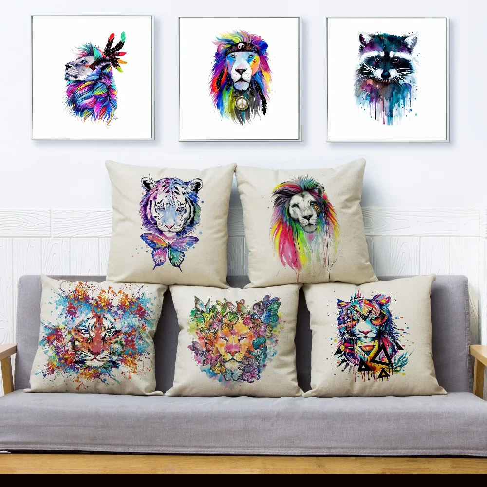 Colorful Watercolor Animal Lion Tiger Print Throw Pillow Cover 45*45cm Cushion Covers Linen Pillow Case Home Decor Pillows Cases Colorful Watercolor Animal Lion Tiger Print Throw Pillow Cover 45*45cm Cushion Covers Linen Pillow Case Home Decor Pillows Cases