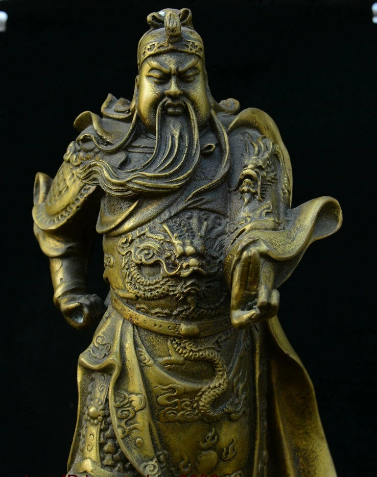 Старые китайские из чистой бронзы драконий халат Guan Gong Yu Yunchang Статуя Воина|Статуи