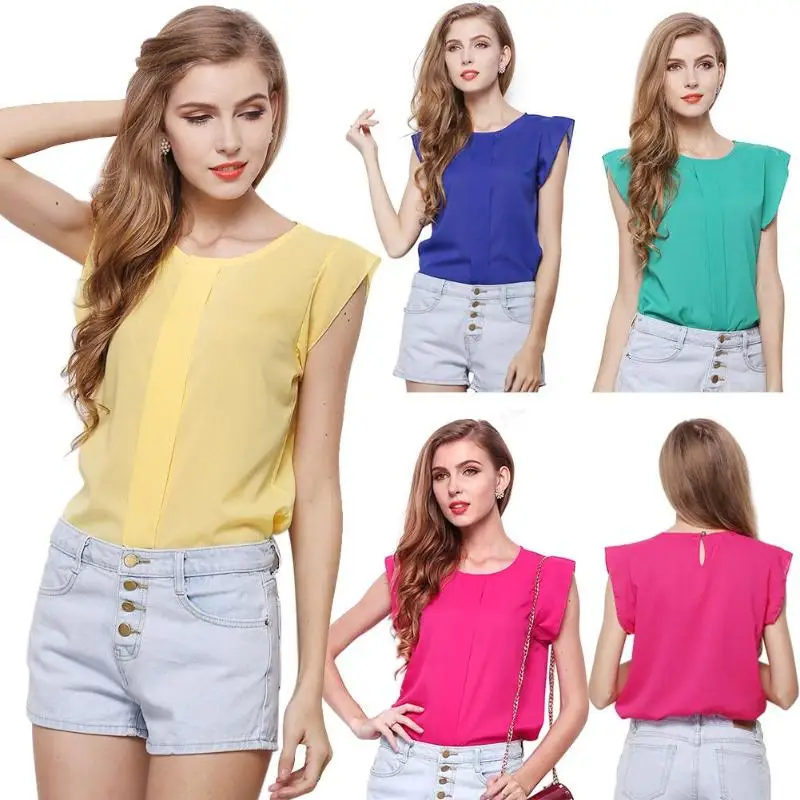 

Women T-shirt Sleeveless Solid Color Casual Chiffon Tshirt Femme Lady Solid Color Round Neck Casual 2019 Summer Tees Top Shirts