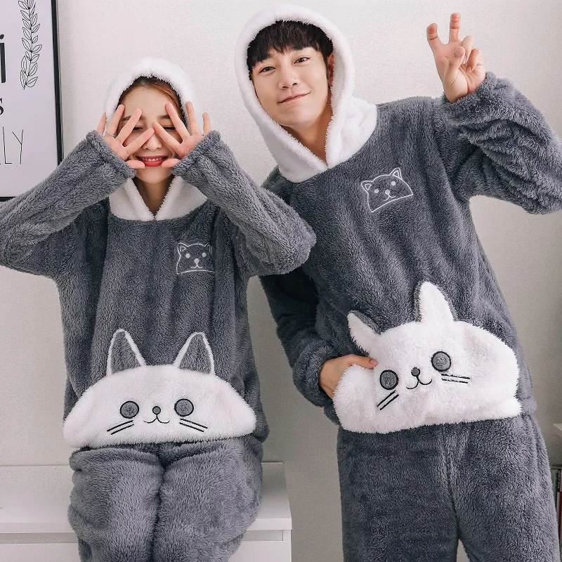 2019 Flannel Couples Plush Pajamas Set Winter Thicker Hooded Men Pyjama Set Long Pants Cat Animal Cartoon Printed Pijamas hombre 2019 Flannel Couples Plush Pajamas Set Winter Thicker Hooded Men Pyjama Set Long Pants Cat Animal Cartoon Printed Pijamas hombre