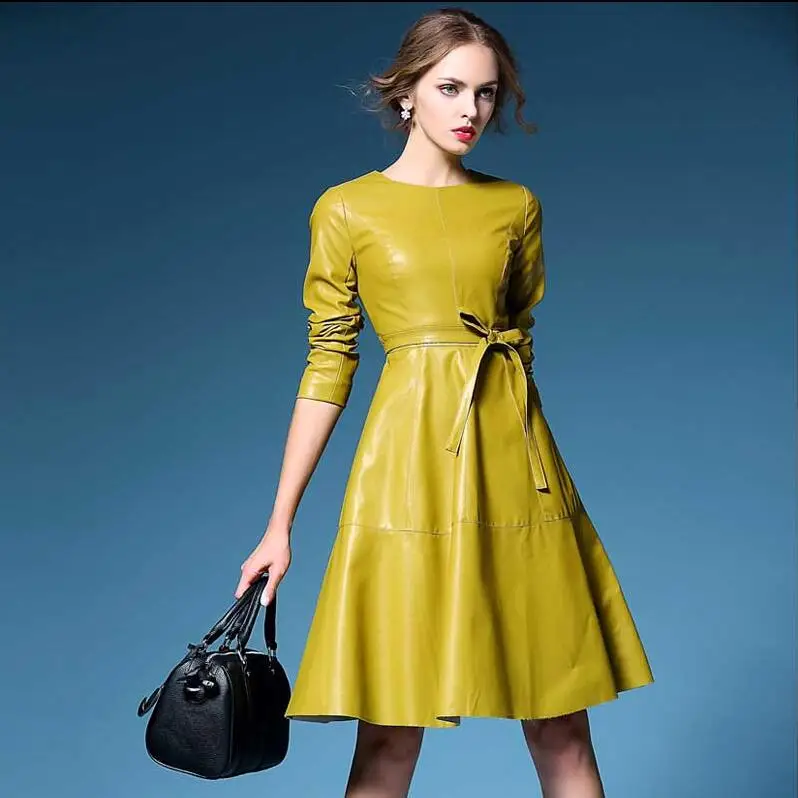 Vinter, женское черное меховое кожаное платье, женские элегантные короткие осенние платья, для вечеринки, для работы, Дамское Платье, одежда Vestidos - Цвет: Цвет: желтый