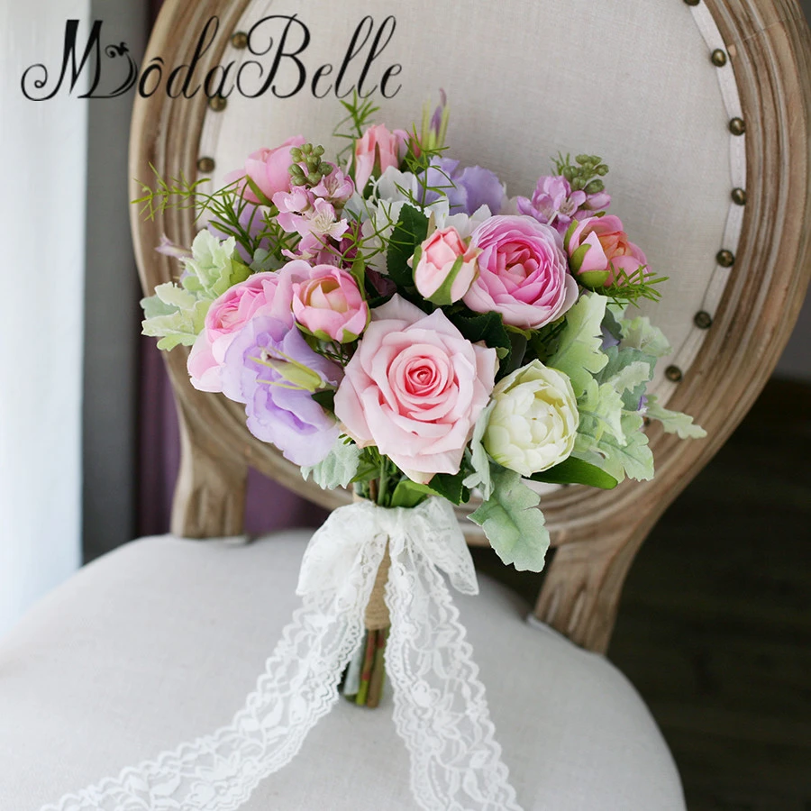 Modabelle 17ブライダルブーケピンク紫バラチューリップグリーンリーフ結婚式花花嫁人工ウエディングブーケ装飾 Bridal Bouquet Bridal Bouquets Pinkbouquet Pink Aliexpress