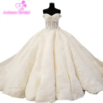 

2018 Luxury Champagne Vintage Lace Wedding Dresses Sleeveless Cathedral Train Ball Gown Off The Shoulder Vestido De Noiva Jurken