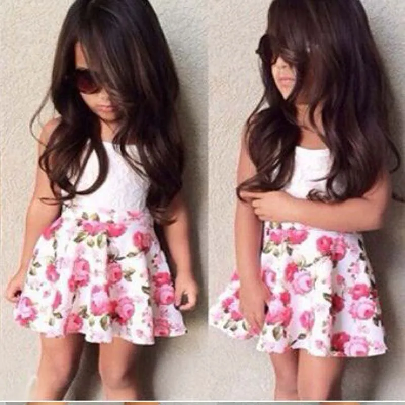 New Arrival Retail Children Clothing Set, Girls T-shirt + Dress 2 pcs /1set,Kids Pure Color Top With Flower  Clothes YAZ021