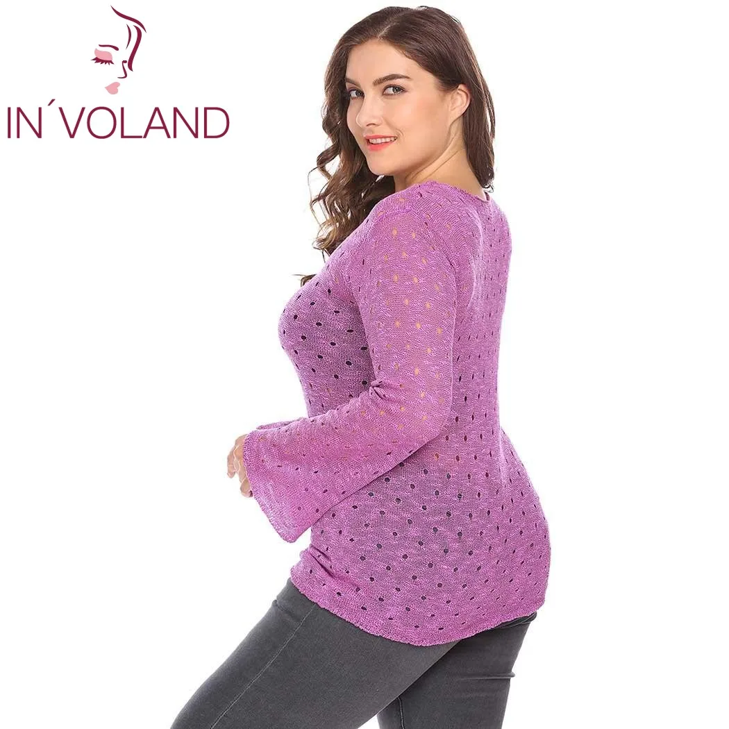 IN'VOLAND Large Size XL-5XL Women Sweater Tops Spring Autumn Flare Sleeve Slim Fit Hole Hollow Out Casual Big Pullover Plus Size IN'VOLAND Large Size XL-5XL Women Sweater Tops Spring Autumn Flare Sleeve Slim Fit Hole Hollow Out Casual Big Pullover Plus Size