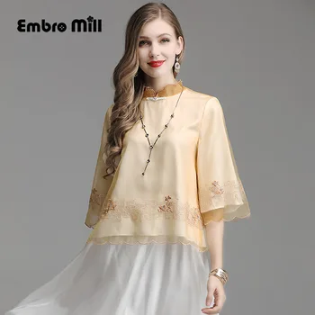 

Women's coat summer Chinese style Standing collar Organza embroidery flower ladies Short Retro elegant shirt top S-XXL