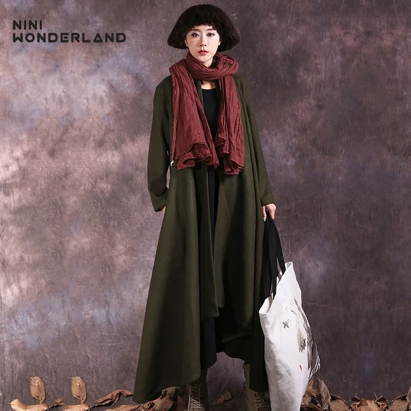 Женское шерстяное пальто NINIWONDERLAND длинное макси с асимметричным поясом свободный