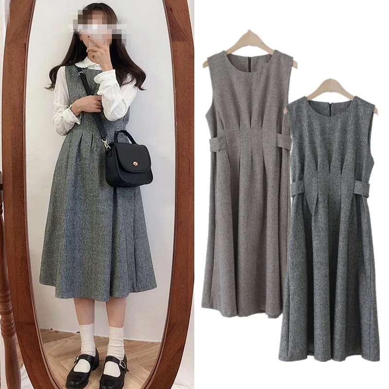 

Autumn winter vintage preppy style sleeveless vest dress girls slim big swing a-line dress