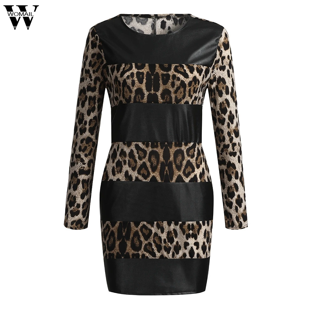 

Womail Womens Dresses New Arrival 2018 sexy dresses party night club dress Long sleeve leopard stitching leather vestidos