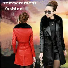 Женский кожаный Тренч, зимнее теплое длинное пальто, пальто из хлопка с воротником из меха енота, кожаная куртка